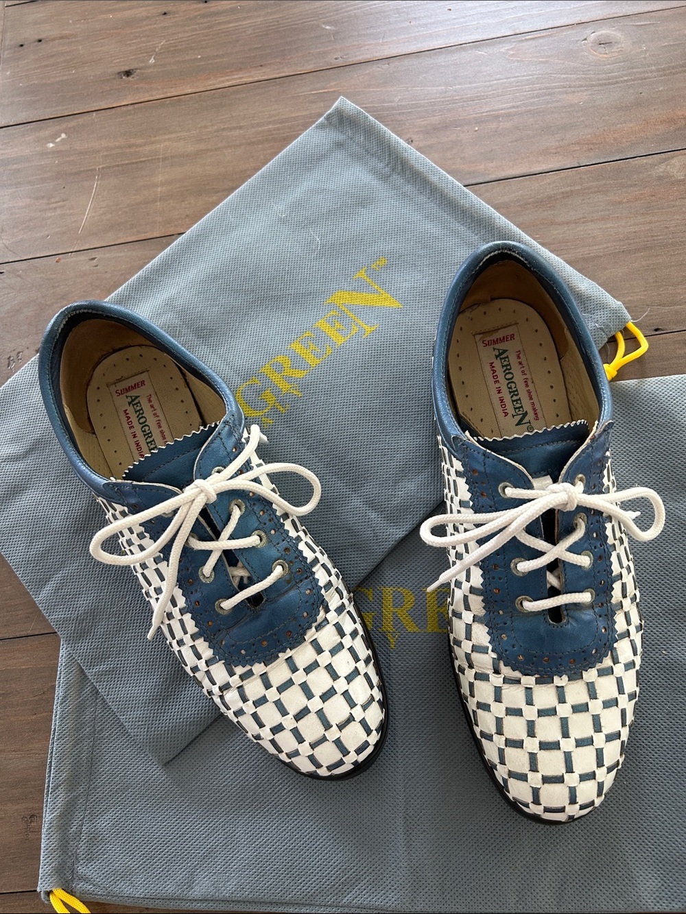 Aerogreen Pavia Hand Woven Ladies Golf Shoe Blue White with Dust Covers